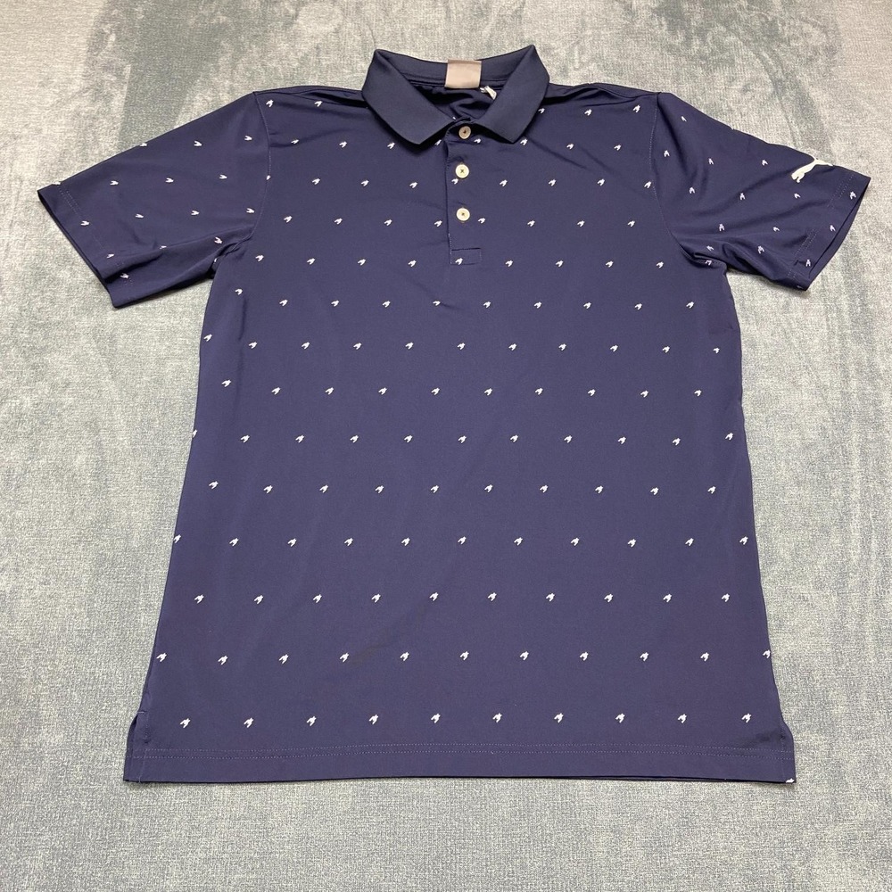Puma Polo Shirt Mens Small Blue Houndstooth Logo Everyday Wear Golf Tennis